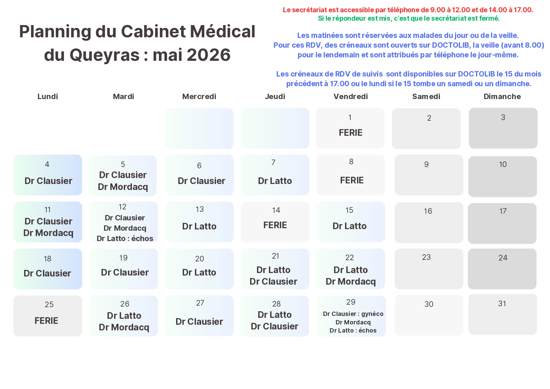 planning medecins mai 2026